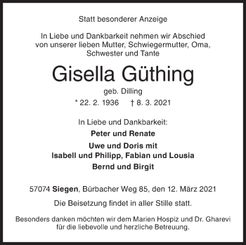 Traueranzeige von Gisella Güthing von Siegener Zeitung