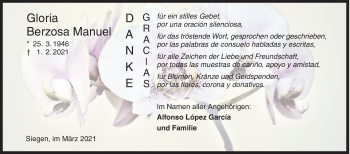 Traueranzeige von Gloria Berzosa Manuel von Siegener Zeitung