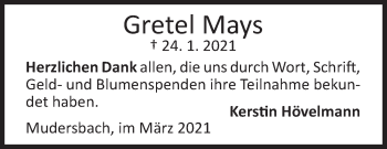 Traueranzeige von Gretel Mays von Siegener Zeitung