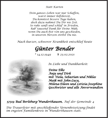Traueranzeige von Günter Bender von Siegener Zeitung
