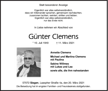 Traueranzeige von Günter Clemens von Siegener Zeitung