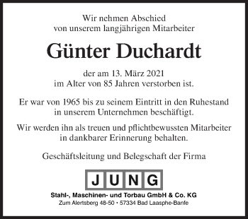Traueranzeige von Günter Duchardt von Siegener Zeitung