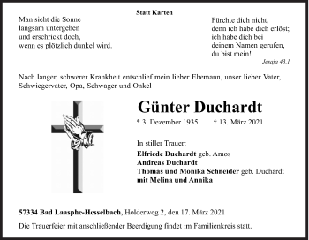 Traueranzeige von Günter Duchardt von Siegener Zeitung