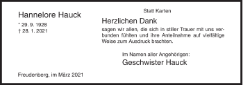 Traueranzeige von Hannelore Hauck von Siegener Zeitung