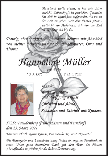 Traueranzeige von Hannelore Müller von Siegener Zeitung
