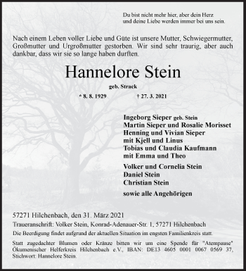 Traueranzeige von Hannelore Stein von Siegener Zeitung