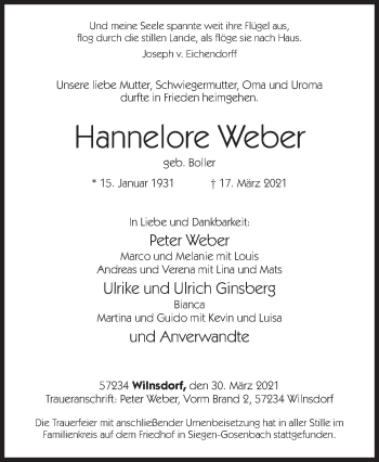 Traueranzeige von Hannelore Weber von Siegener Zeitung