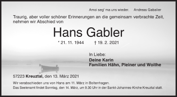 Traueranzeige von Hans Gabler von Siegener Zeitung