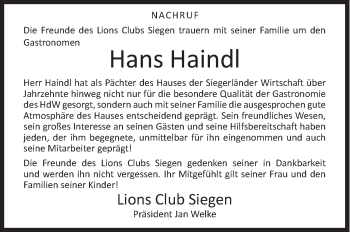 Traueranzeige von Hans Haindl von Siegener Zeitung