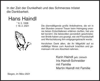 Traueranzeige von Hans Haindl von Siegener Zeitung