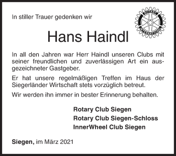 Traueranzeige von Hans Haindl von Siegener Zeitung