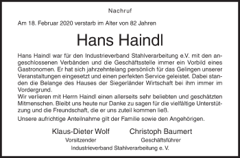 Traueranzeige von Hans Haindl von Siegener Zeitung
