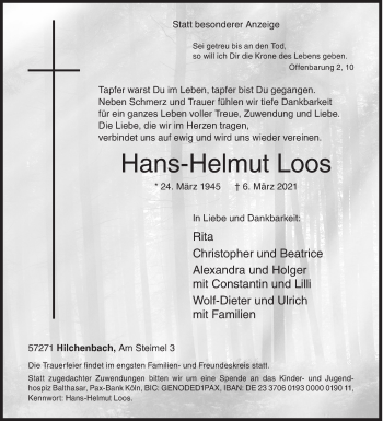Traueranzeige von Hans-Helmut Loos von Siegener Zeitung