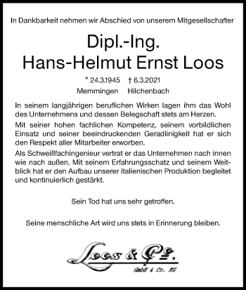 Traueranzeige von Hans-Helmut Ernst Loos von Siegener Zeitung