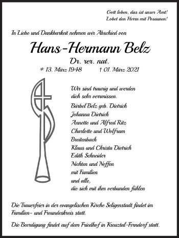 Traueranzeige von Hans-Hermann Belz von Siegener Zeitung