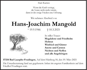 Traueranzeige von Hans-Joachim Mangold von Siegener Zeitung