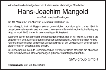 Traueranzeige von Hans-Joachim Mangold von Siegener Zeitung