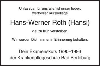 Traueranzeige von Hans-Werner Roth von Siegener Zeitung