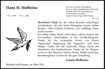Traueranzeige von Hans H. Hofheinz von Siegener Zeitung
