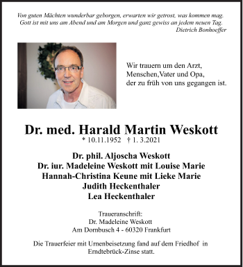 Traueranzeige von Harald Martin Weskott von Siegener Zeitung