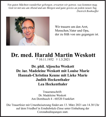 Traueranzeige von Harald Martin Weskott von Siegener Zeitung