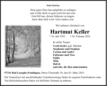 Traueranzeige von Hartmut Keller von Siegener Zeitung