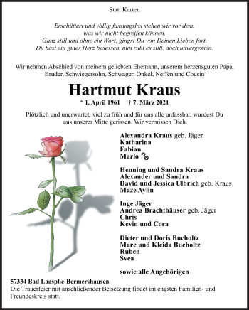 Traueranzeige von Hartmut Kraus von Siegener Zeitung