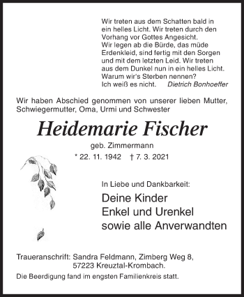 Traueranzeige von Heidemarie Fischer von Siegener Zeitung