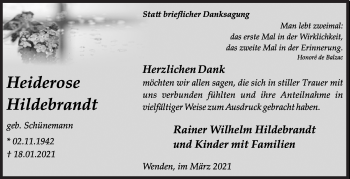 Traueranzeige von Heiderose Hildebrandt von Siegener Zeitung