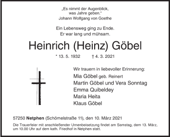 Traueranzeige von Heinrich Göbel von Siegener Zeitung
