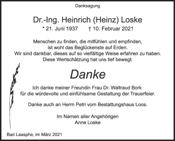 Traueranzeige von Heinrich Loske von Siegener Zeitung