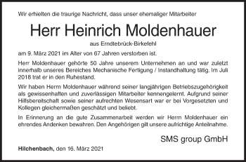 Traueranzeige von Heinrich Moldenhauer von Siegener Zeitung