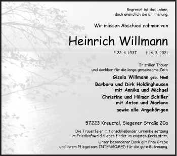 Traueranzeige von Heinrich Willmann von Siegener Zeitung