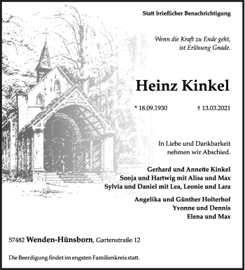 Traueranzeige von Heinz Kinkel von Siegener Zeitung