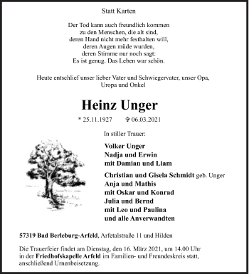 Traueranzeige von Heinz Unger von Siegener Zeitung