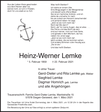 Traueranzeige von Heinz-Werner Lemke von Siegener Zeitung