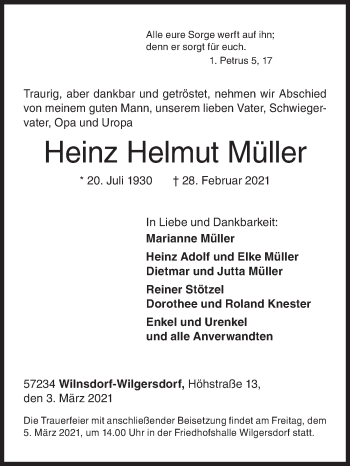 Traueranzeige von Heinz Helmut Müller von Siegener Zeitung