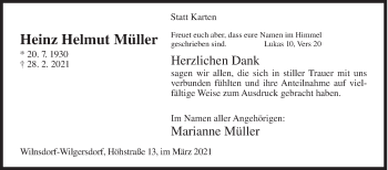 Traueranzeige von Heinz Helmut Müller von Siegener Zeitung