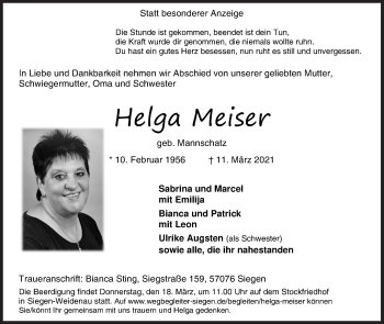 Traueranzeige von Helga Meiser von Siegener Zeitung
