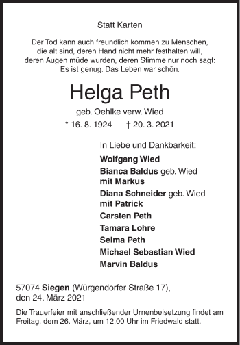 Traueranzeige von Helga Peth von Siegener Zeitung