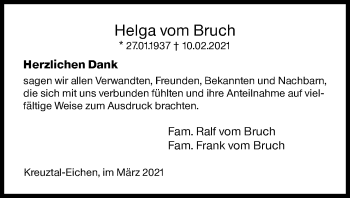 Traueranzeige von Helga vom Bruch von Siegener Zeitung