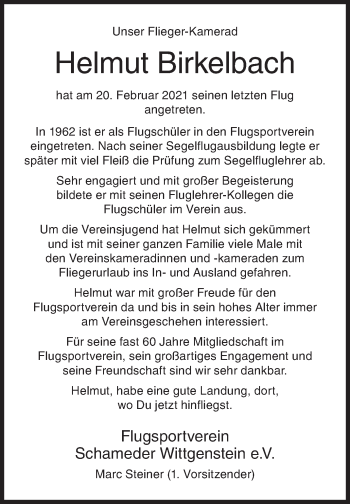 Traueranzeige von Helmut Birkelbach von Siegener Zeitung