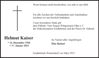 Traueranzeige von Helmut Kaiser von Siegener Zeitung