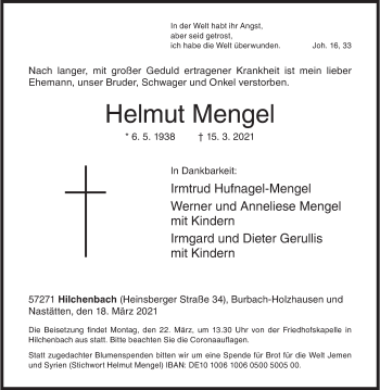 Traueranzeige von Helmut Mengel von Siegener Zeitung