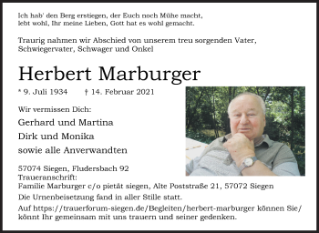 Traueranzeige von Herbert Marburger von Siegener Zeitung