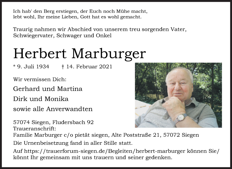  Traueranzeige für Herbert Marburger vom 02.03.2021 aus Siegener Zeitung