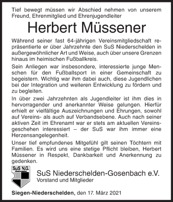 Traueranzeige von Herbert Müssener von Siegener Zeitung