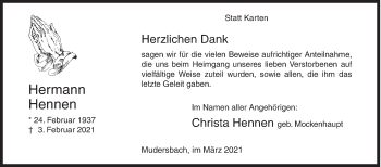 Traueranzeige von Hermann Hennen von Siegener Zeitung