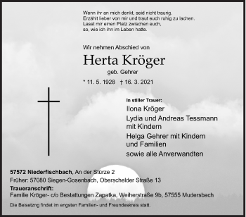 Traueranzeige von Herta Kröger von Siegener Zeitung