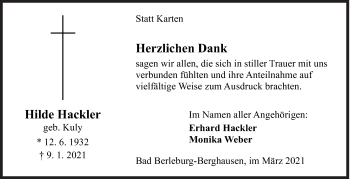 Traueranzeige von Hilde Hackler von Siegener Zeitung